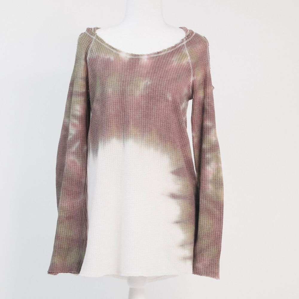 T Party Tie Dye Multicolor Cold Shoulder Waffle Knit Long Sleeve Hoodie, Small